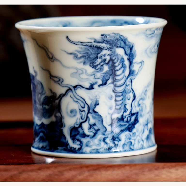Bai Ze Hanzhang Blue and White Wood-Fired Waisted Teacup: front