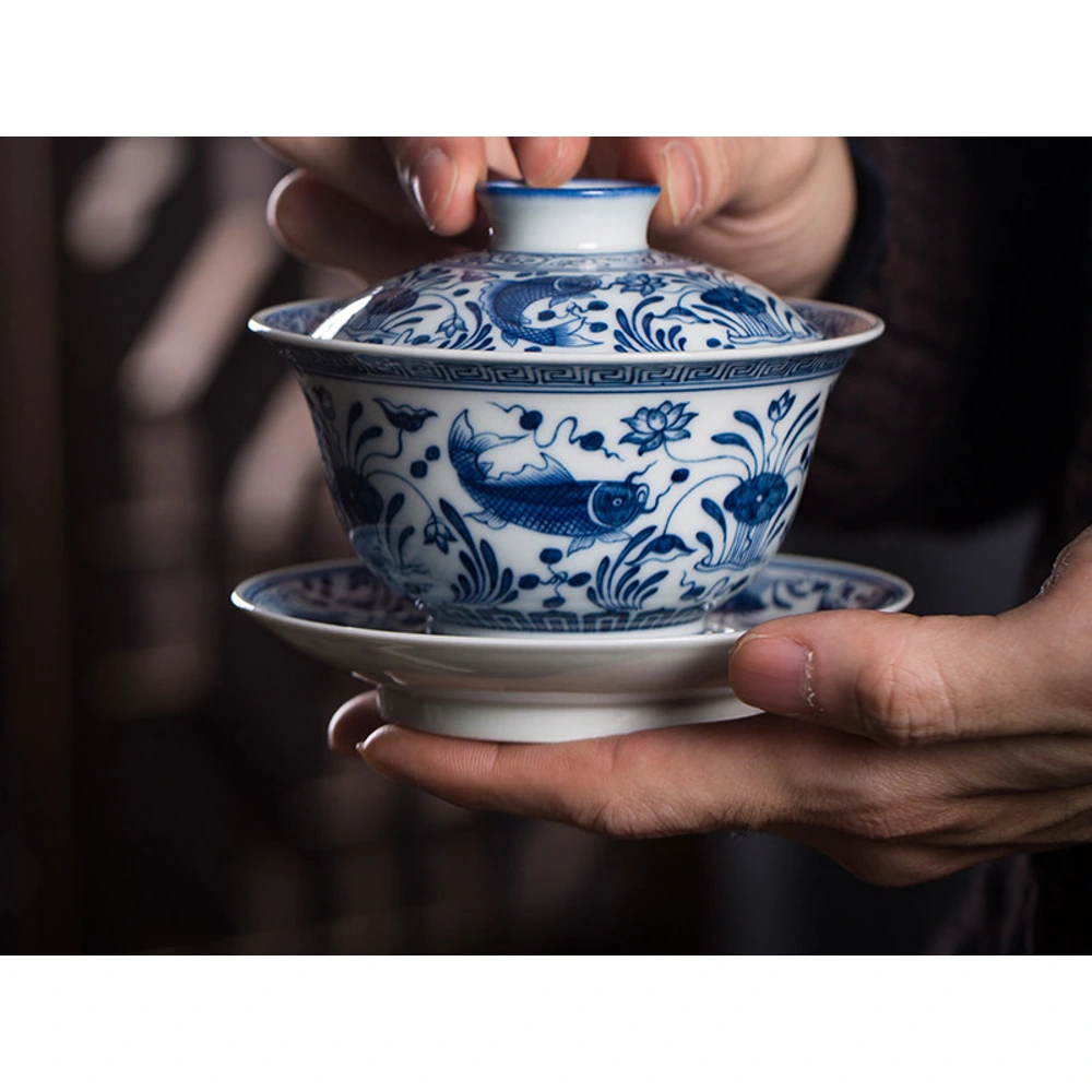 Des poissons et des plantes aquatiques gaiwan tenus dans deux mains