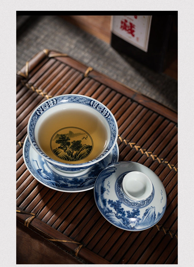 ブルー＆ホワイト湖と山々の風景 蓋碗：茶室内