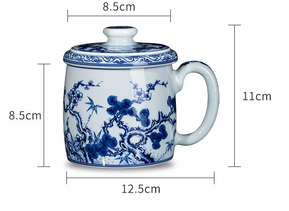 Blue and White Three Friends of Winter Lidded Mug: dimensions