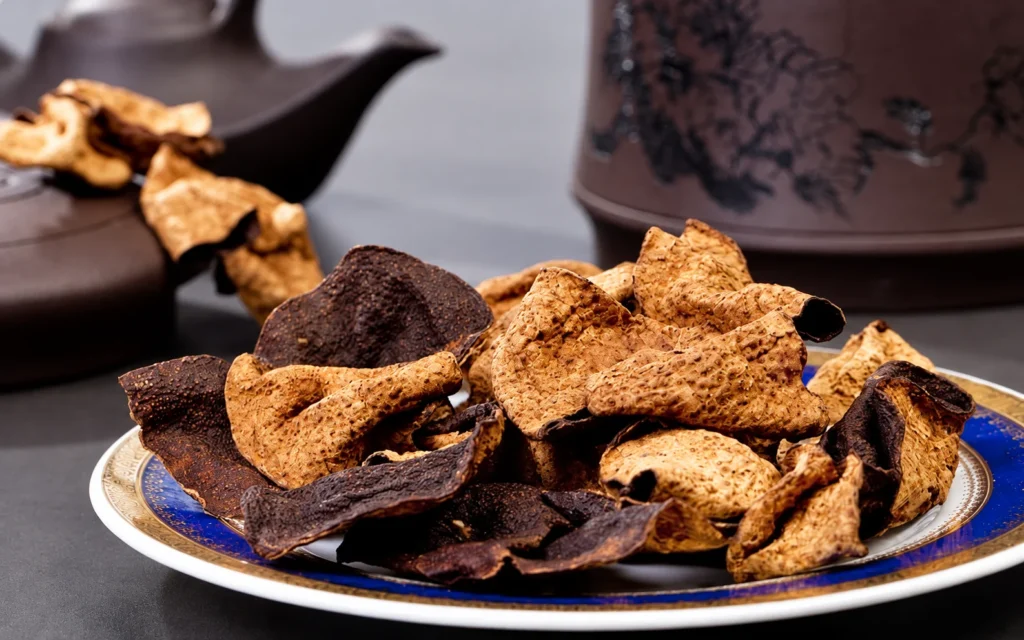 Dried citrus peel in a shallow dish