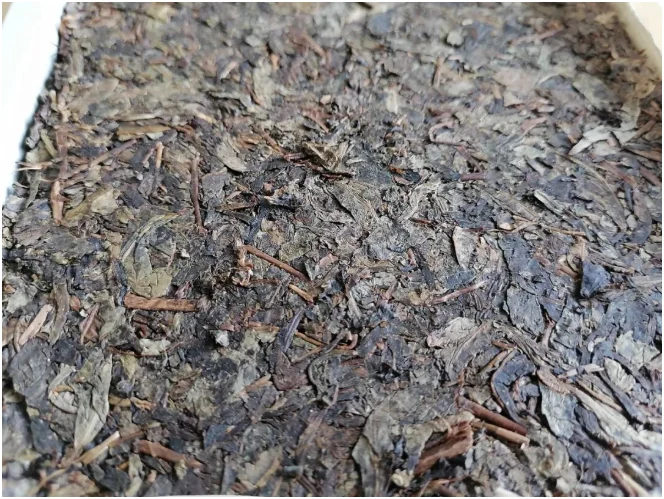 Compressed Fu brick tea showing mature leaves and stems