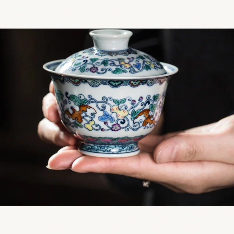 Doucai Five Blessings Scrollwork Gaiwan: front