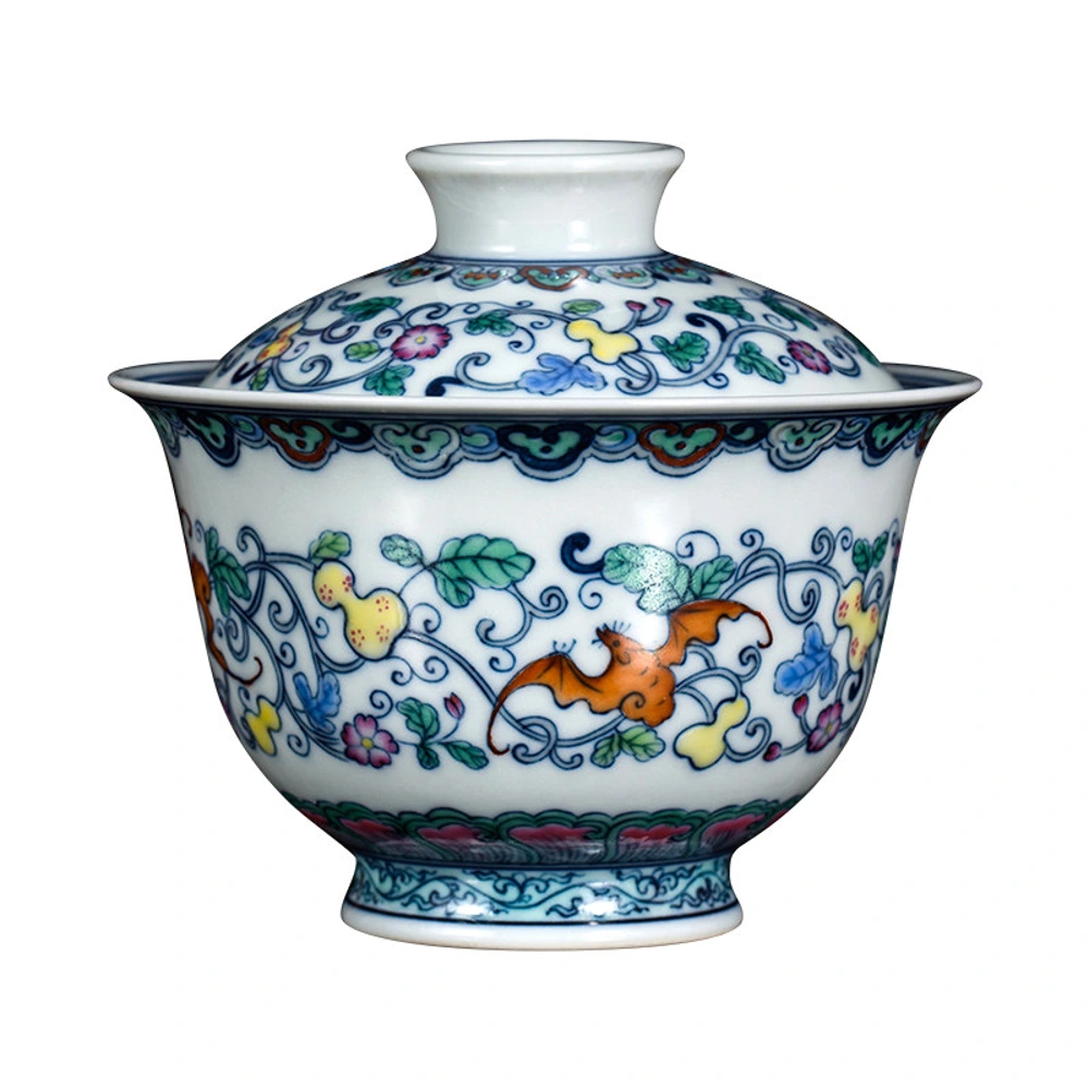 Doucai Five Blessings Scrollwork Gaiwan: studio front