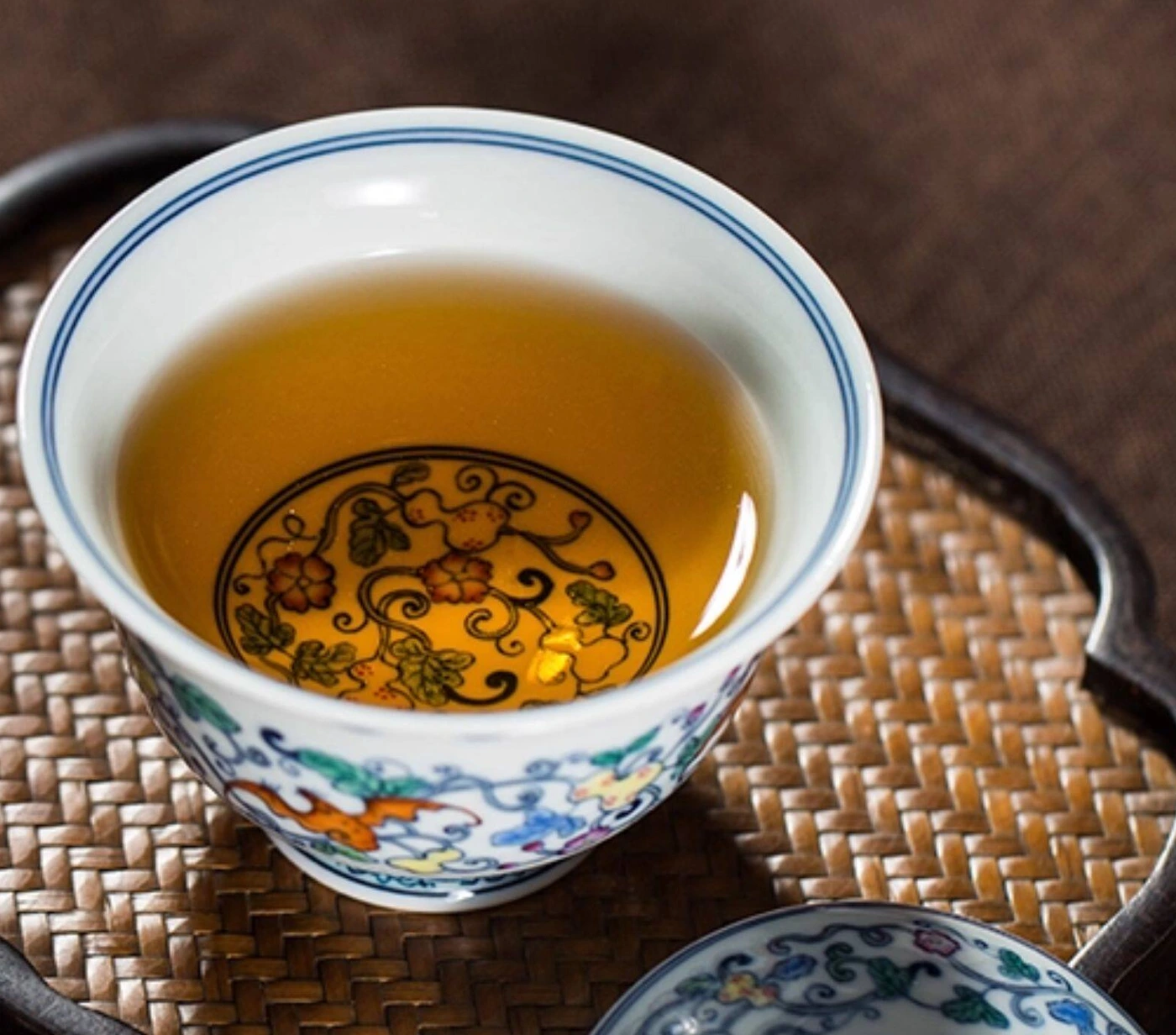 Doucai Five Blessings Scrollwork Gaiwan: tea and interior medallion