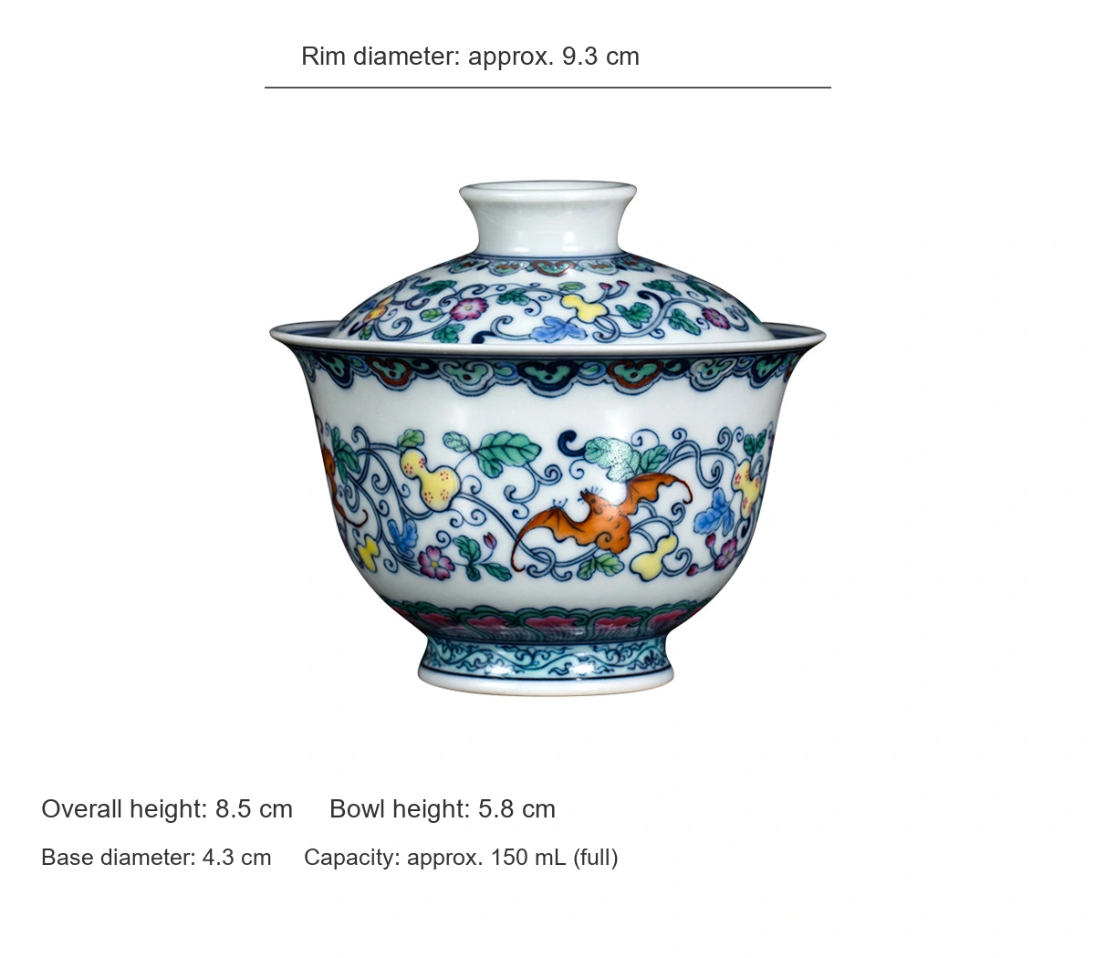 Doucai Five Blessings Scrollwork Gaiwan: dimensions
