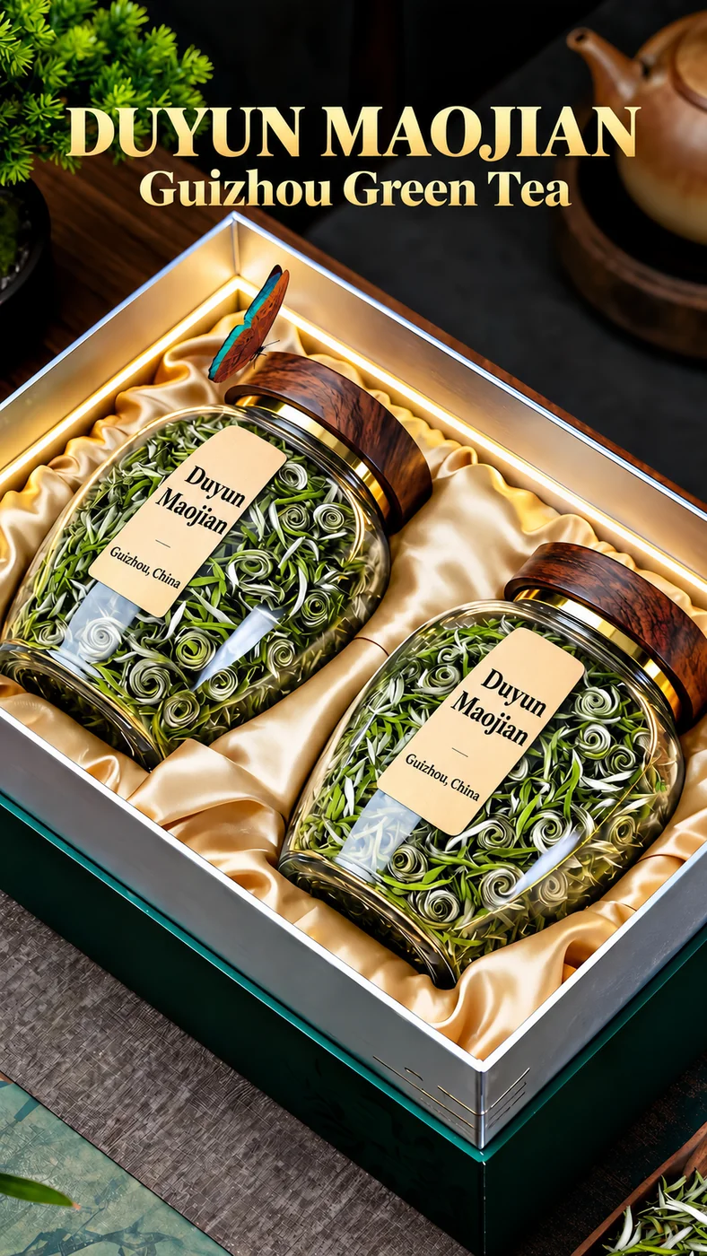 Two labeled jars of Duyun Maojian tea in a satin-lined gift box
