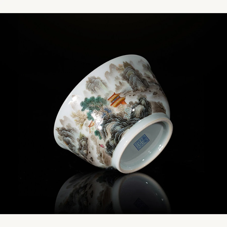 Falangcai Autumn Mountain Retreat Porcelain Teacup: angled view