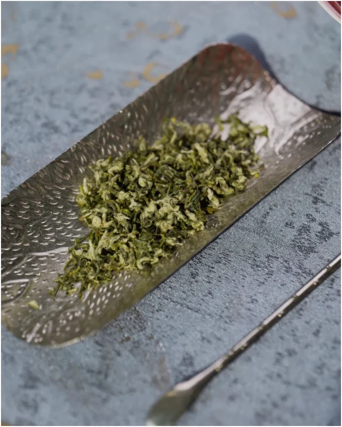 Fine curled green tea leaves in a dark wooden scoop
