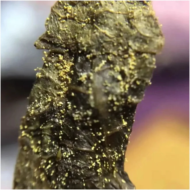 Golden structures visible within compressed Fu brick tea