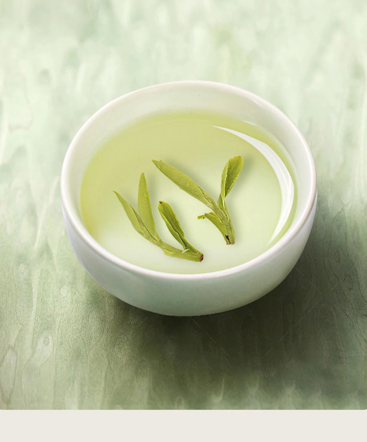 Opened Longjing tea leaves in pale green tea liquor