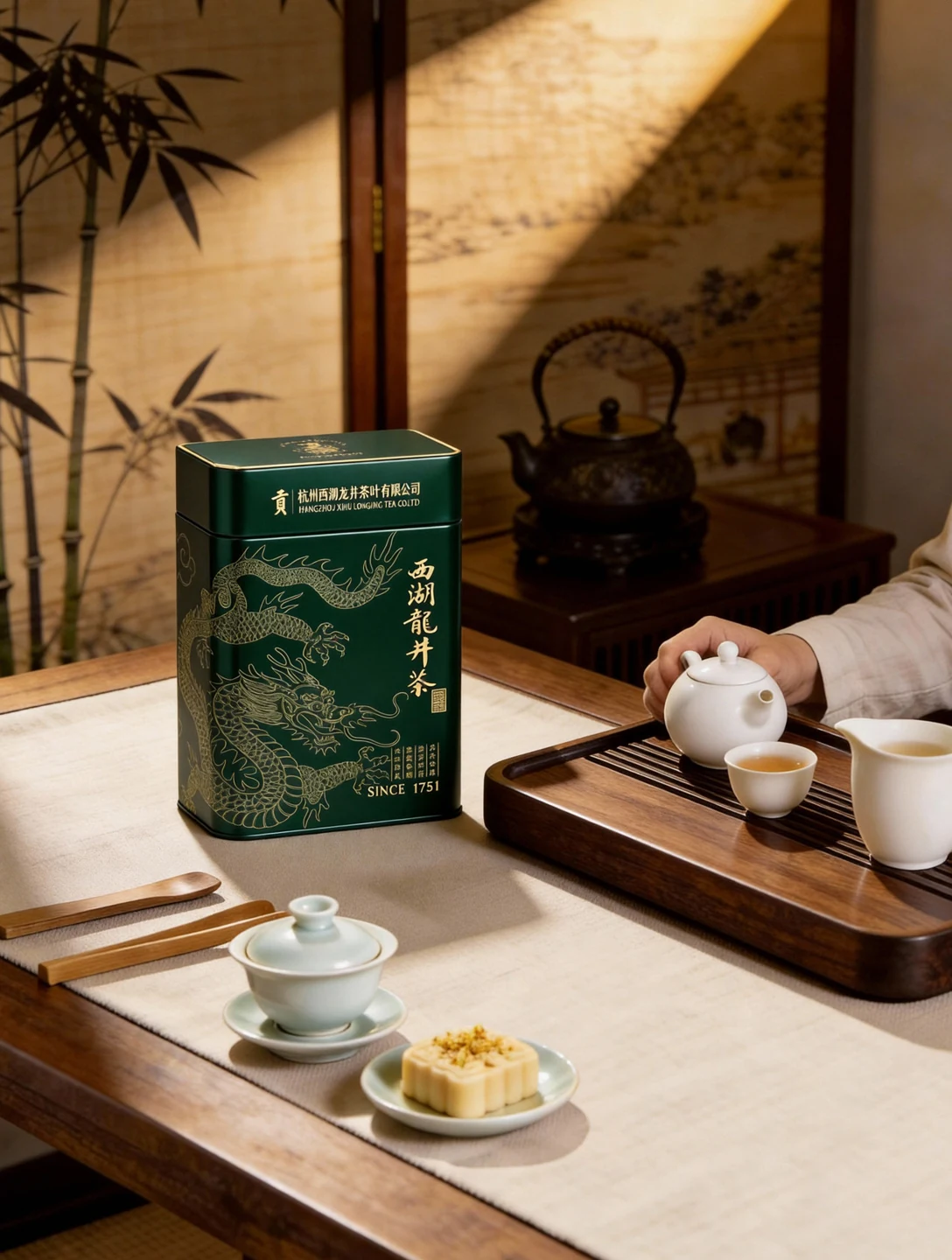 Gong Pai 150 g Longjing tea tin displayed with teaware in a tea room
