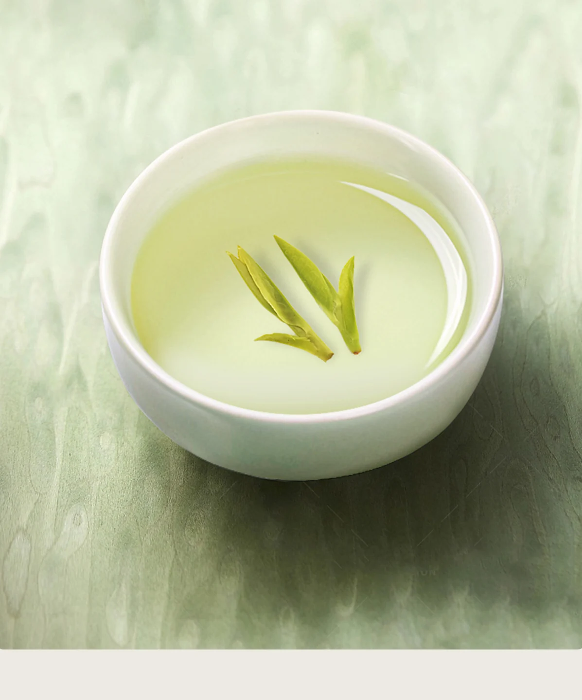 Opened Longjing tea leaves in pale green tea liquor