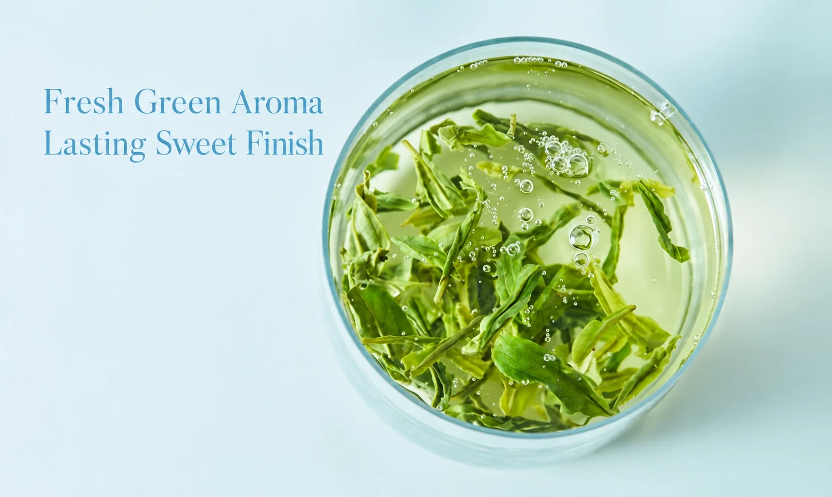 Green tea viewed from above with English aroma and sweet-finish labels
