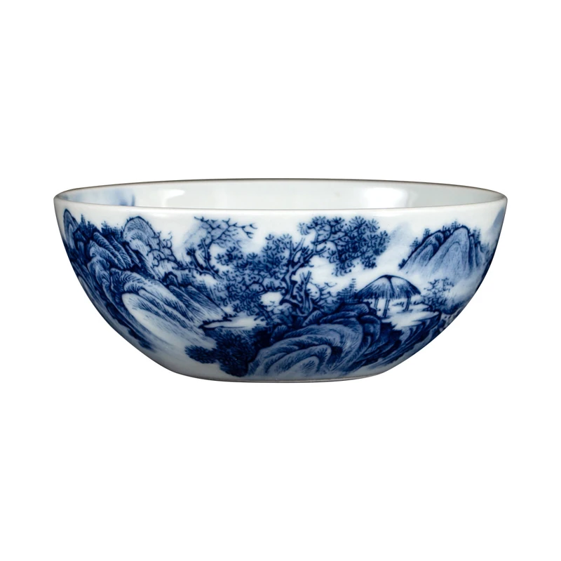 Studio front view of the low blue and white landscape teacup