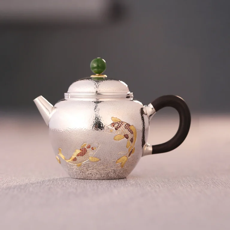 Reunion Carp Handmade 9999 Silver Teapot — 200mL — Front view