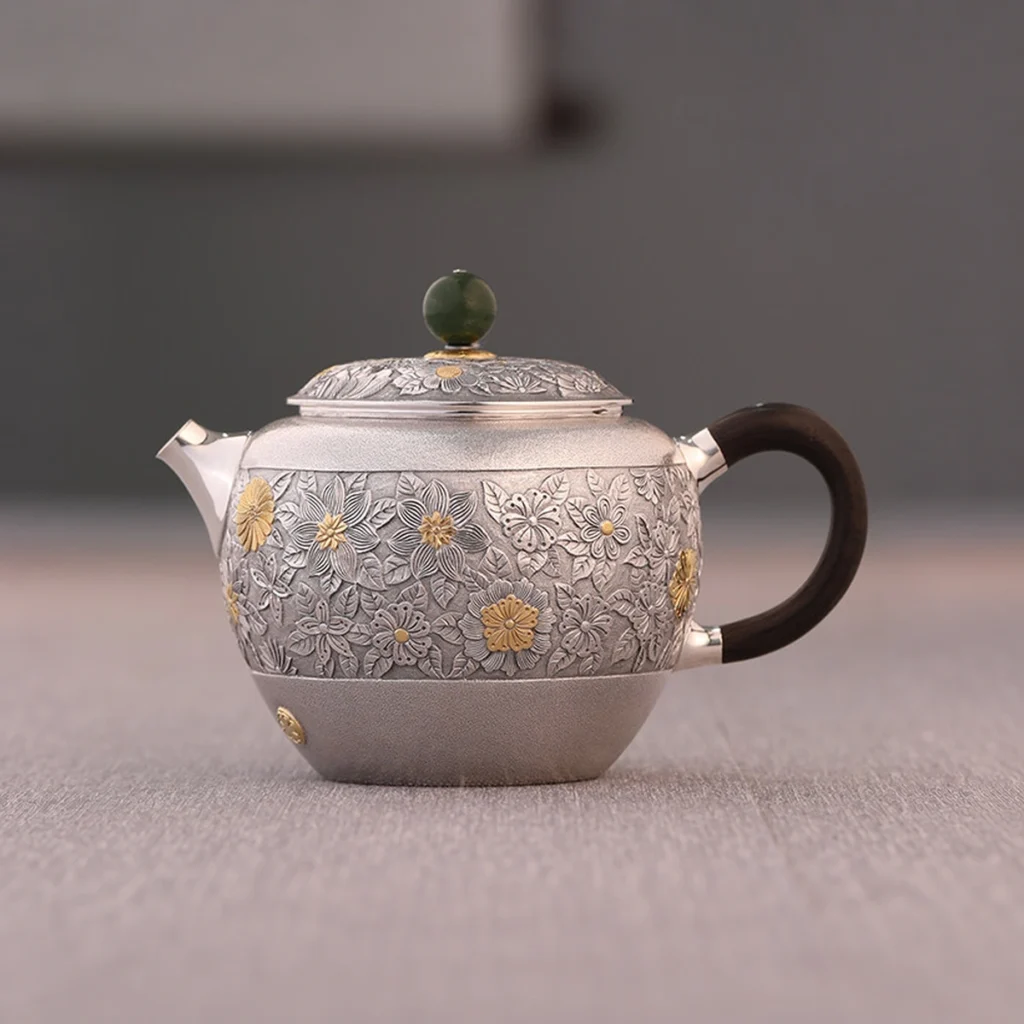 Millefleurs Handmade 9999 Silver Teapot — 200mL — Front view
