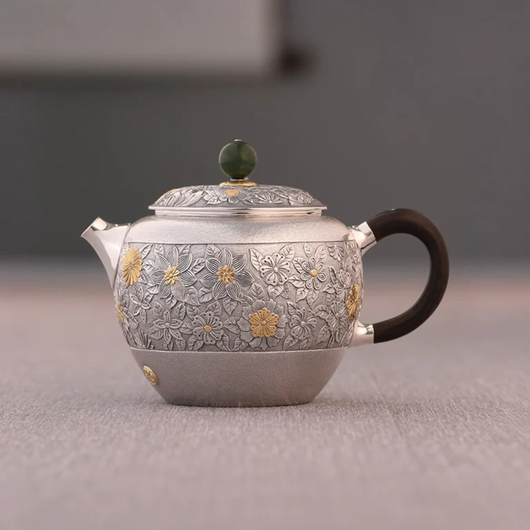 Millefleurs Handmade 9999 Silver Teapot — 200mL — Front view
