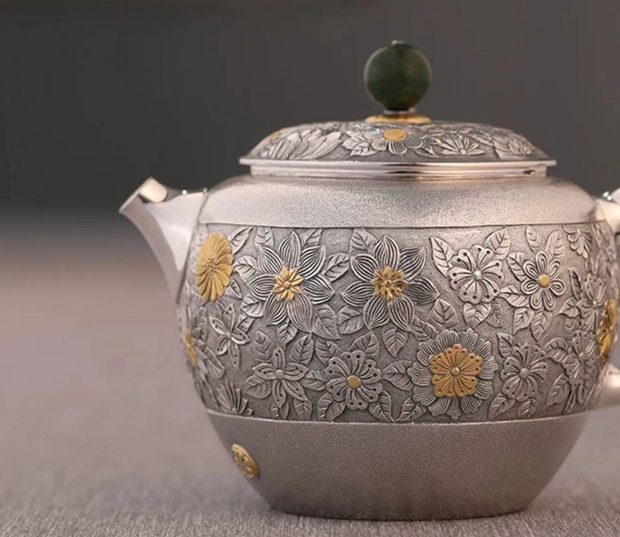 Millefleurs Handmade 9999 Silver Teapot — 200mL — Floral engraving detail