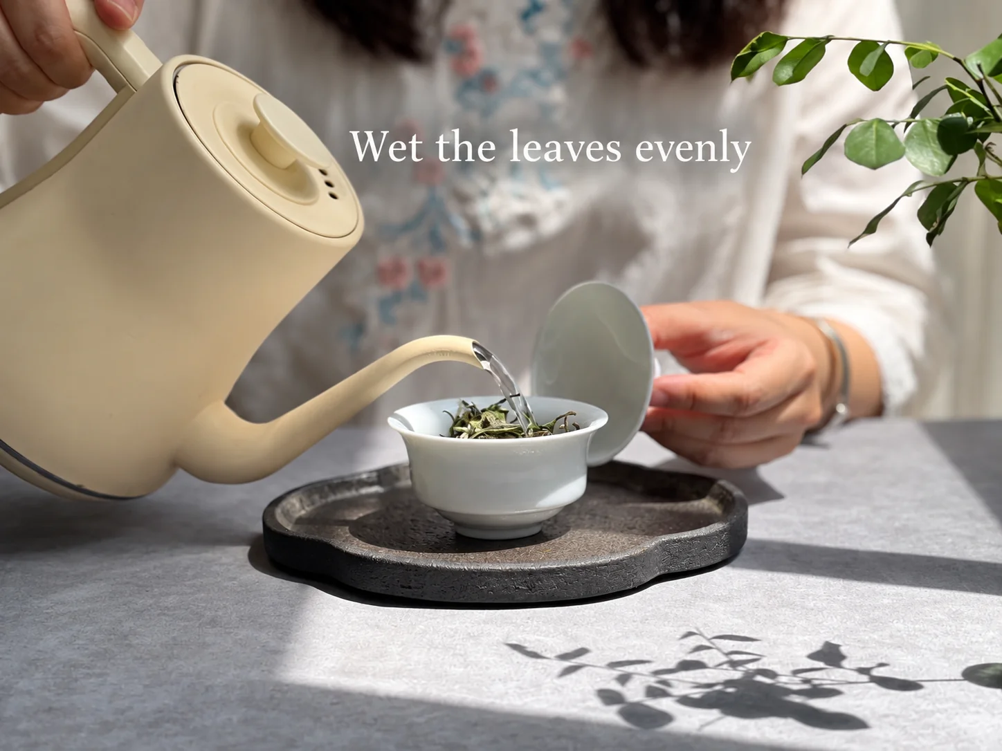 Controlled kettle pour to wet tea leaves evenly