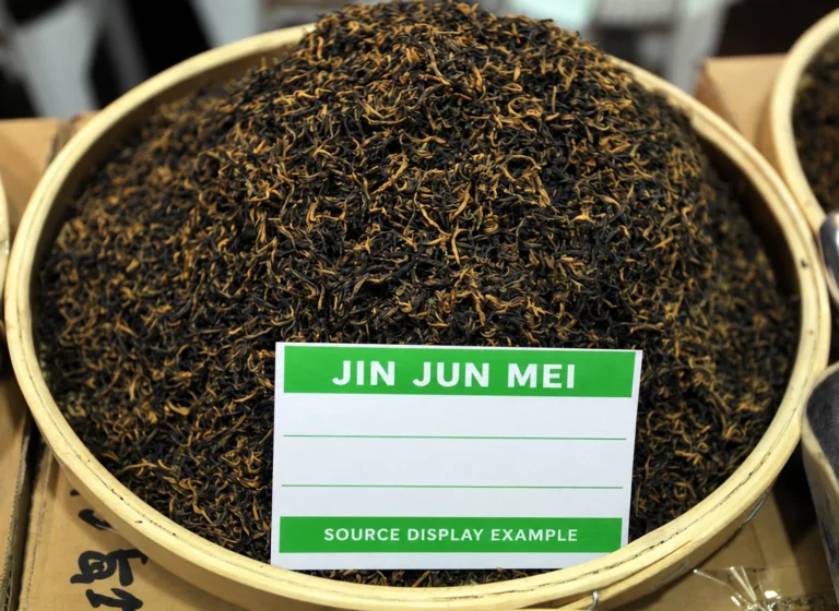 Historical tea display with an English sample label