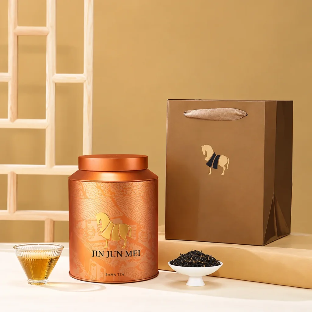 Source example of a Bama Jin Jun Mei tin and gift bag