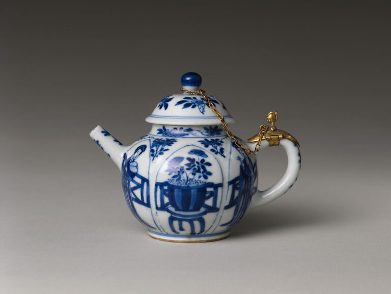 Historic blue-and-white Jingdezhen porcelain teapot with a European mount, in The Met collection