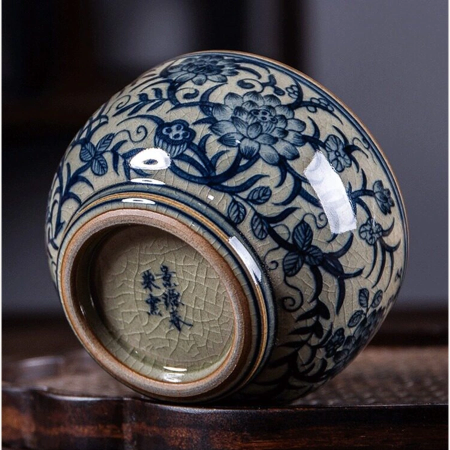 Underside of the lotus teacup with original painted base mark and exposed foot ring