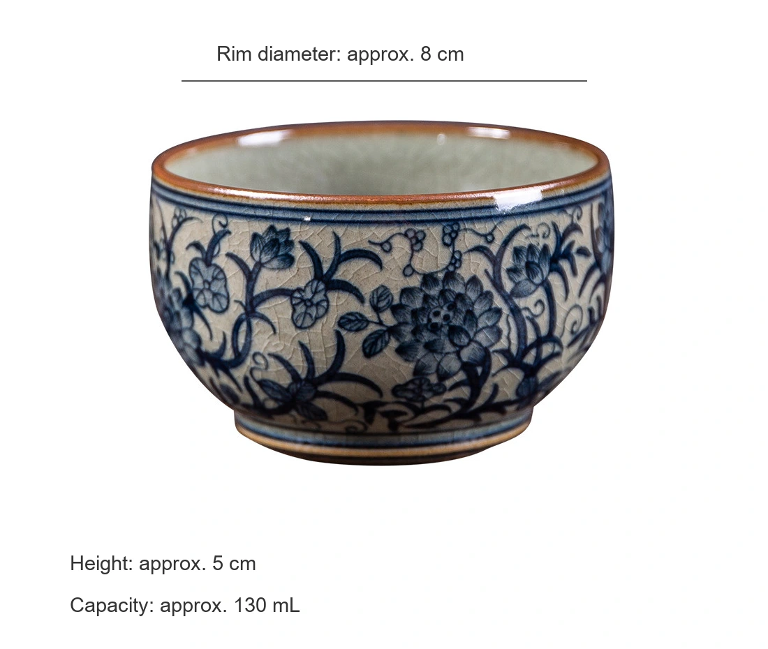 English dimensions diagram: rim diameter approximately 8 cm, height 5 cm and capacity 130 mL