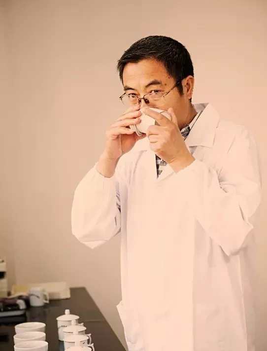 A tea maker tasting tea in the historical source material.