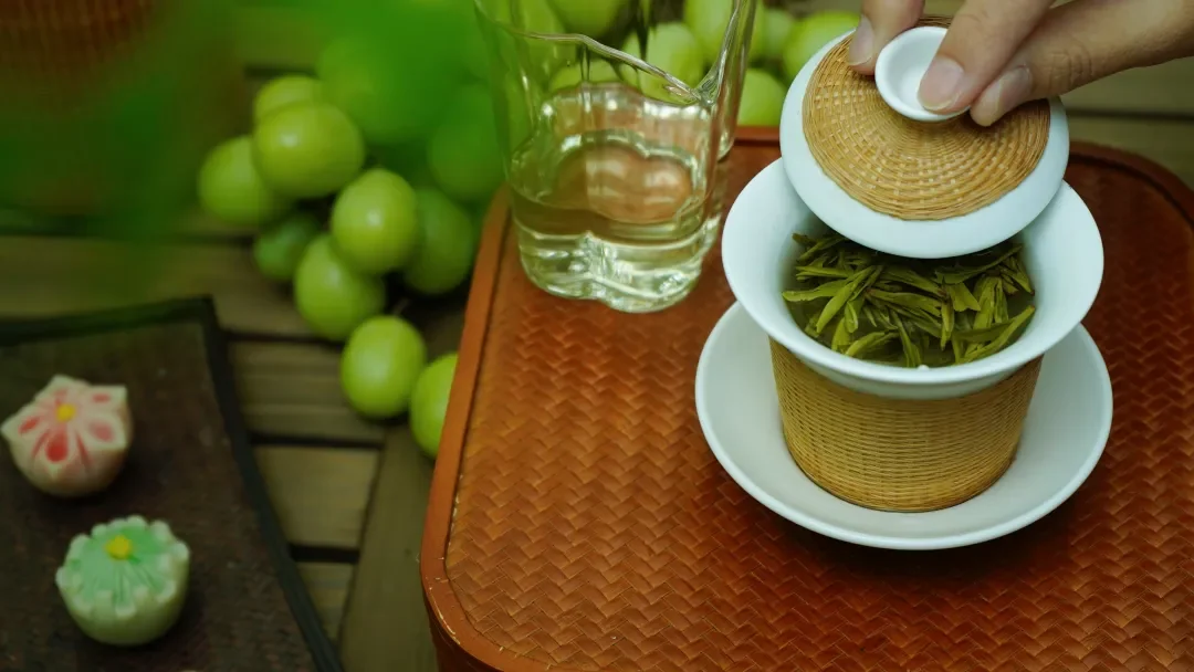 Green tea prepared in a porcelain gaiwan