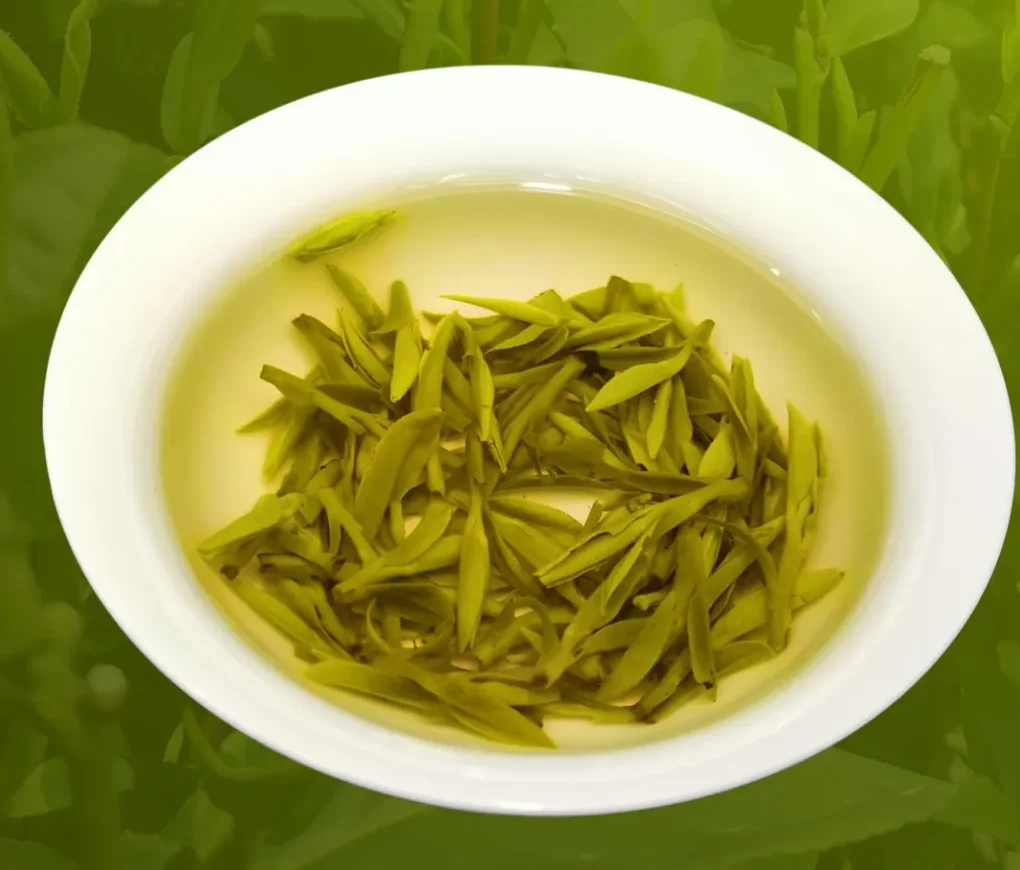 Longjing leaves and pale tea liquor in a white bowl