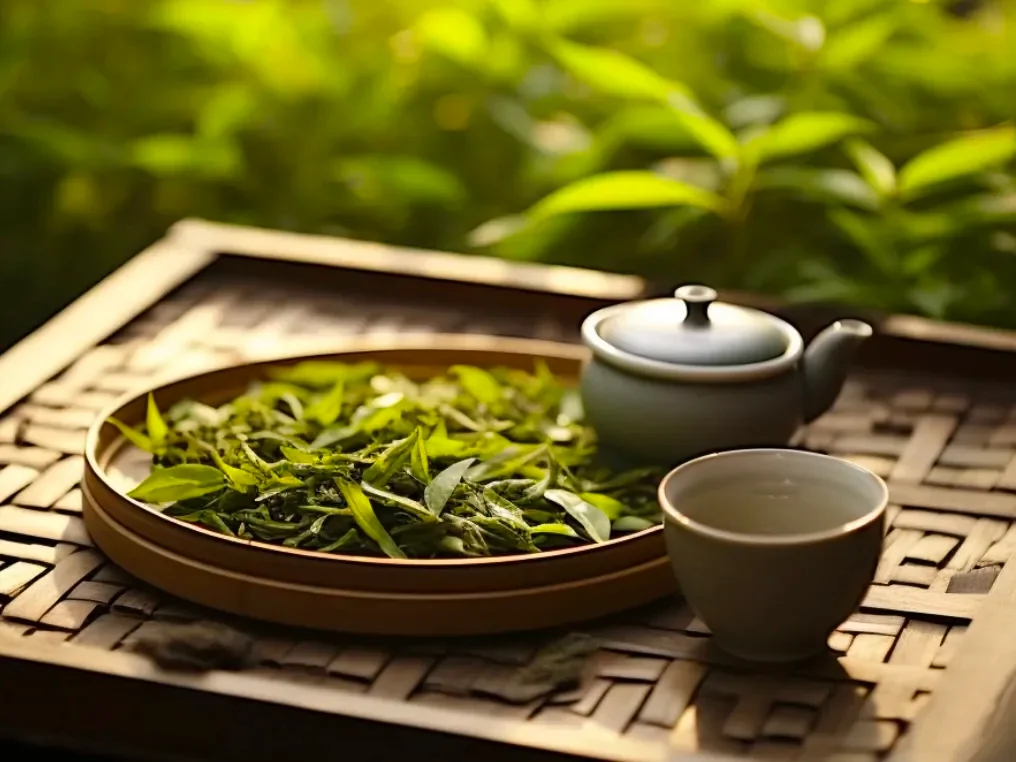 Teapot and tea leaves arranged on a tea table
