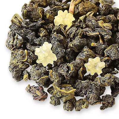 Rolled oolong leaves with pale yellow decorative pieces