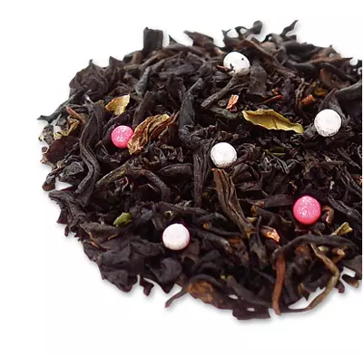 Black tea leaves with pink and silver-colored sugar pearls