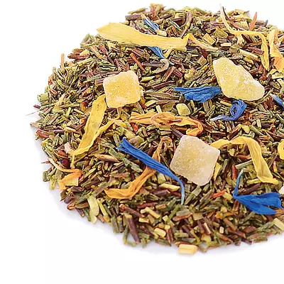 Green and red rooibos stems with flower petals and pale fruit pieces