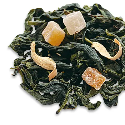 Dark oolong leaves with pale fruit pieces