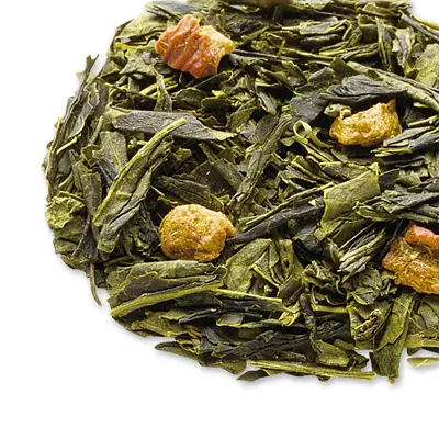 Green tea leaves with small dried fruit pieces