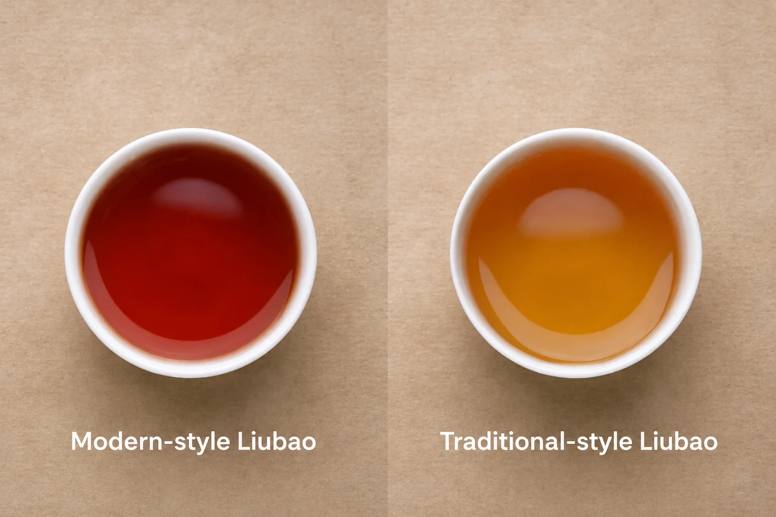 Modern-style and traditional-style Liubao tea compared in white cups