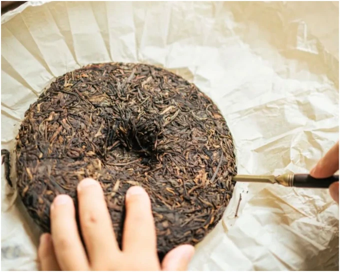 Hands and a tea tool opening a compressed cake