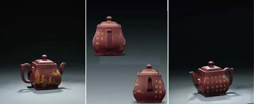 Four views of a square red-brown teapot with gold landscapes and Chinese inscriptions