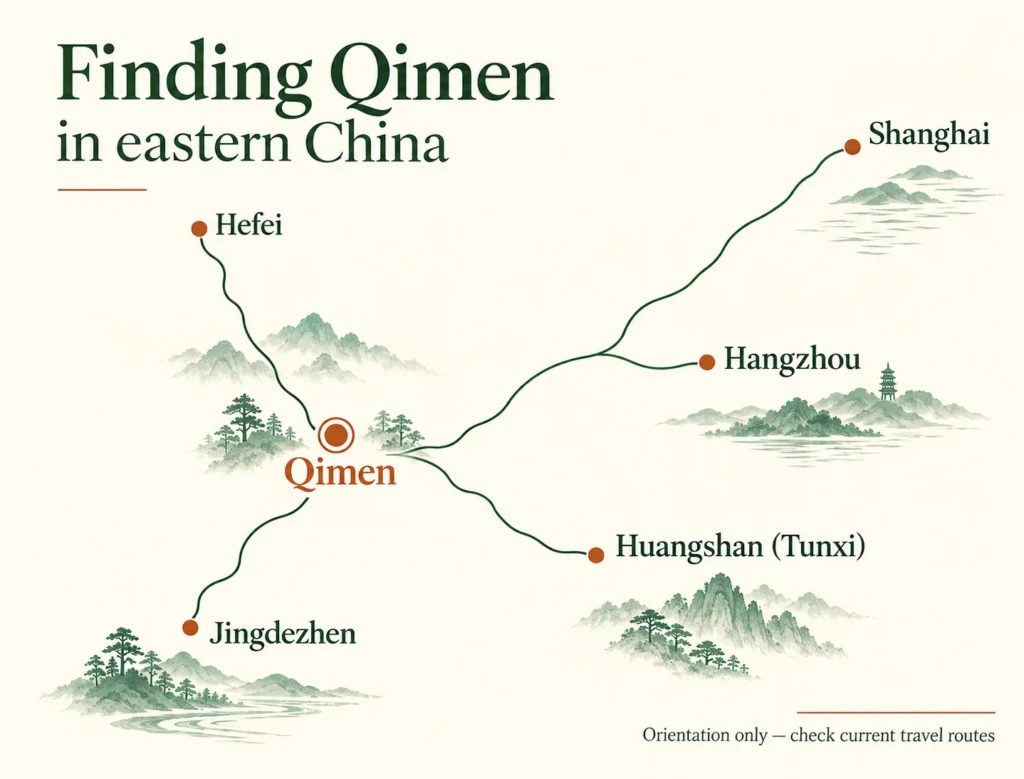 Qimen in relation to Hefei, Hangzhou, Shanghai, Huangshan and Jingdezhen