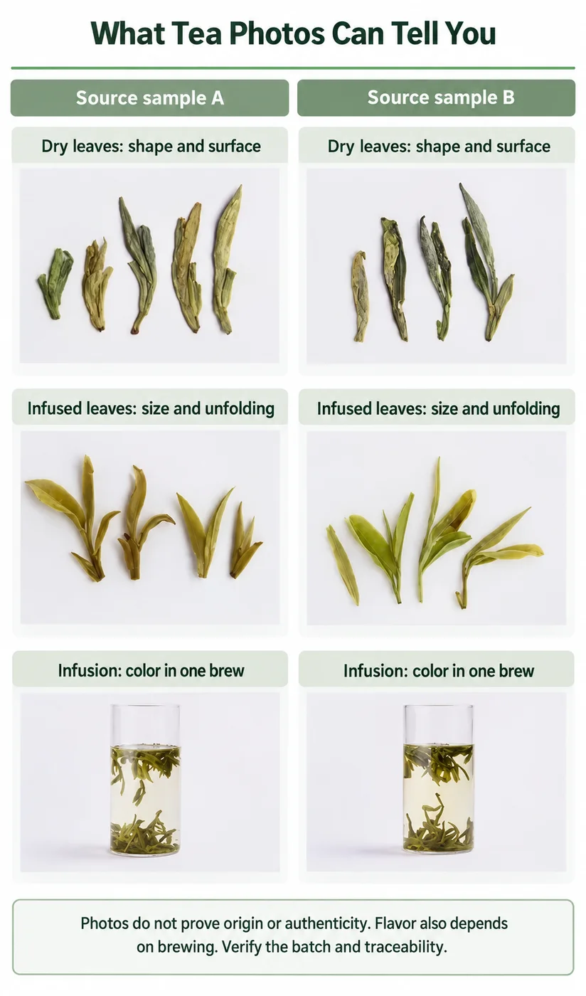 对干茶、叶底与茶汤作观察说明的英文对比图