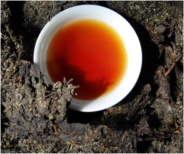 White cup of amber tea surrounded by pieces of Fu brick tea