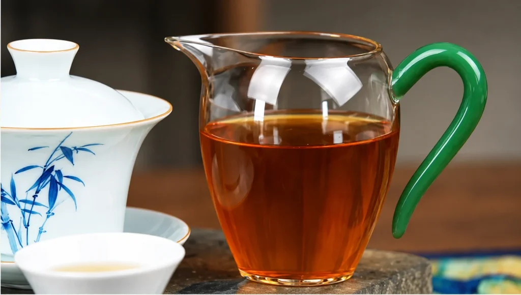 White porcelain gaiwan and green-handled glass tea pitcher