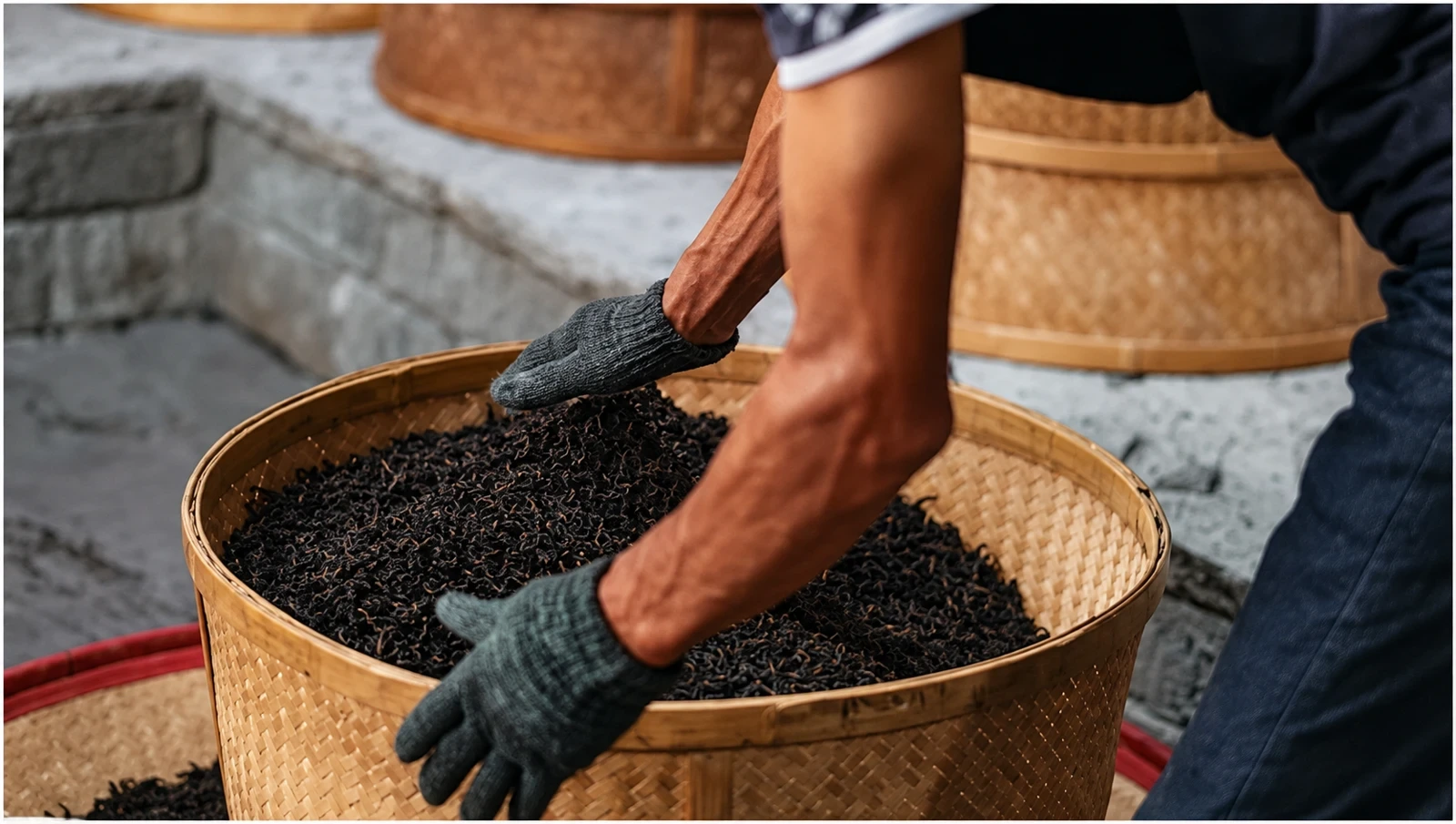 Gloved hands working with tea in a bamboo roasting basket