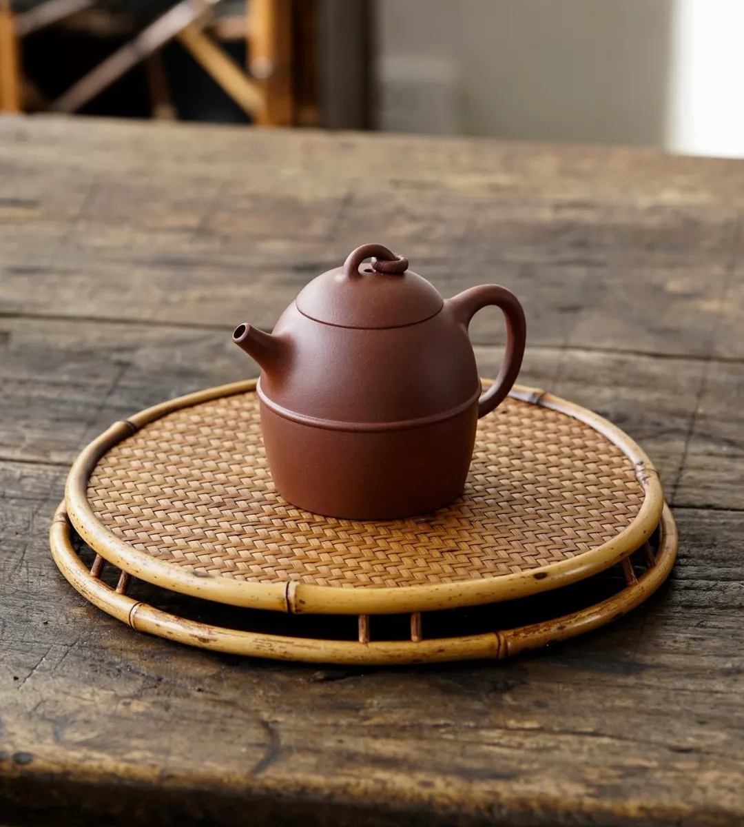 A brown clay teapot on a woven bamboo tray beside a window