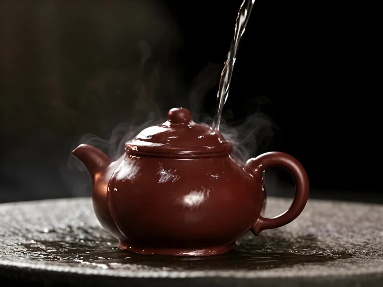 Heißes Wasser auf ein rötlich-braunes Objekt Yixing teekanne auf einem Teetisch gegossen