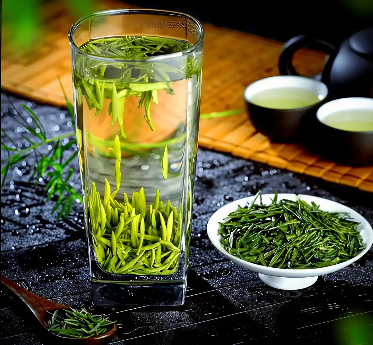 Slender green tea leaves brewing in a tall glass beside dry tea